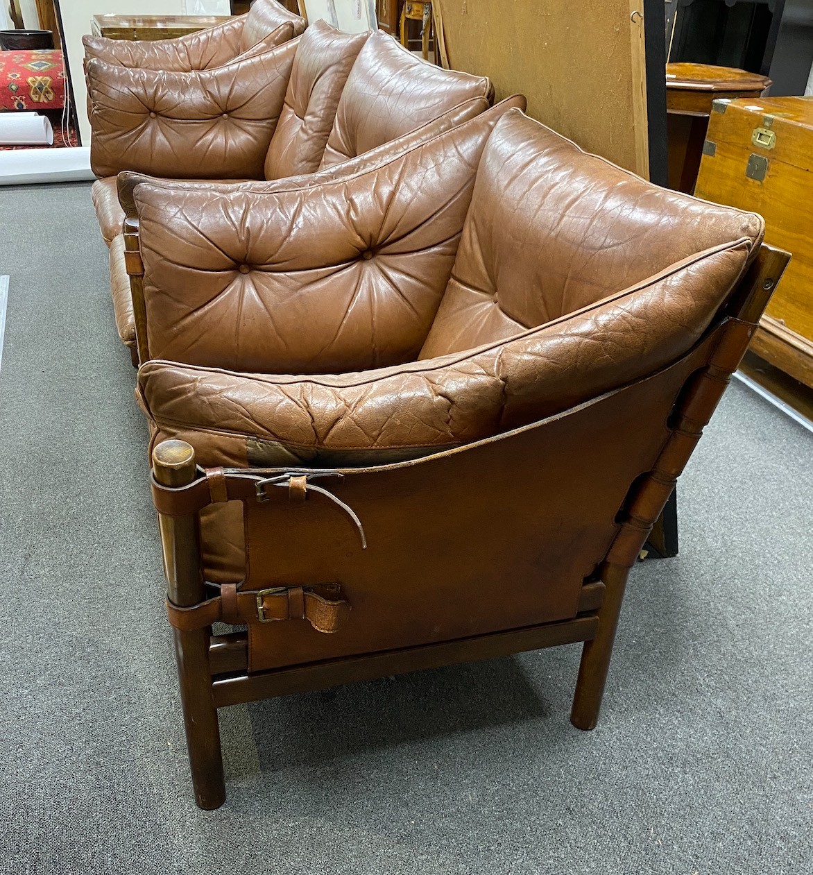 An Arne Norell Ilona settee and two chairs, manufactured by Aneby Mobler in 1960's, settee length 150cm, depth 73cm, height 77cm